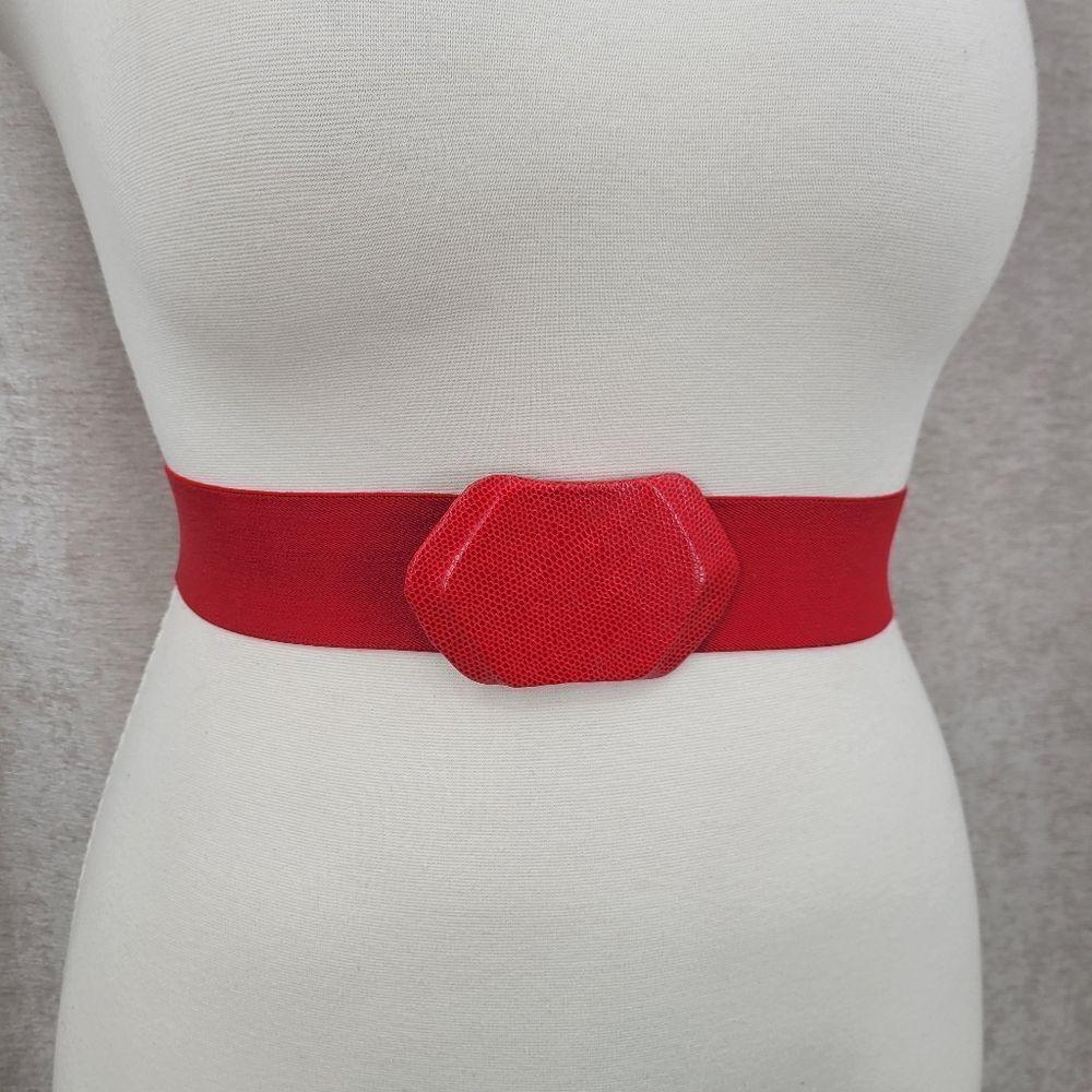 Vintage Belt Red Elastic Stretch Belt with Faux Lizard Embossed Buckle